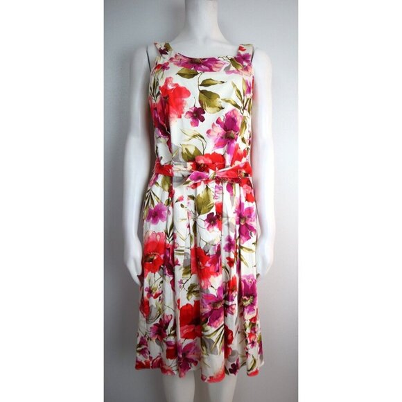 WOMEN'S PINK & IVORY FLORAL PRINT FIT & FLARE DRESS - SANDRA DARREN - SIZE 10 - Picture 1 of 7